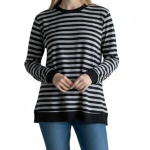 Cable & Gauge Long Sleeve Black/Grey Breton Stripe Layered Look Top M